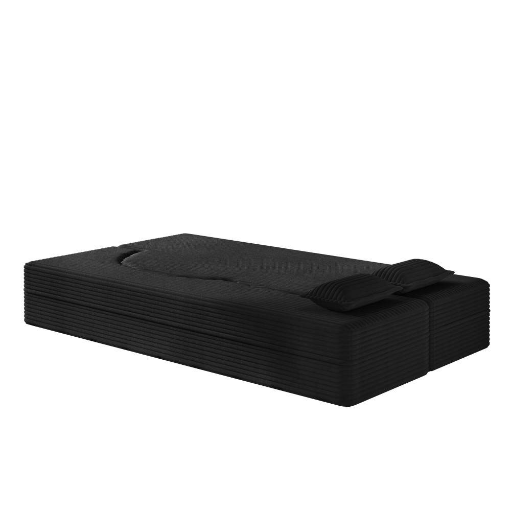 Corduroy Twin Floor Sofa Bed w/ 2 Pillows, Foldable Sleeper Couch, Black