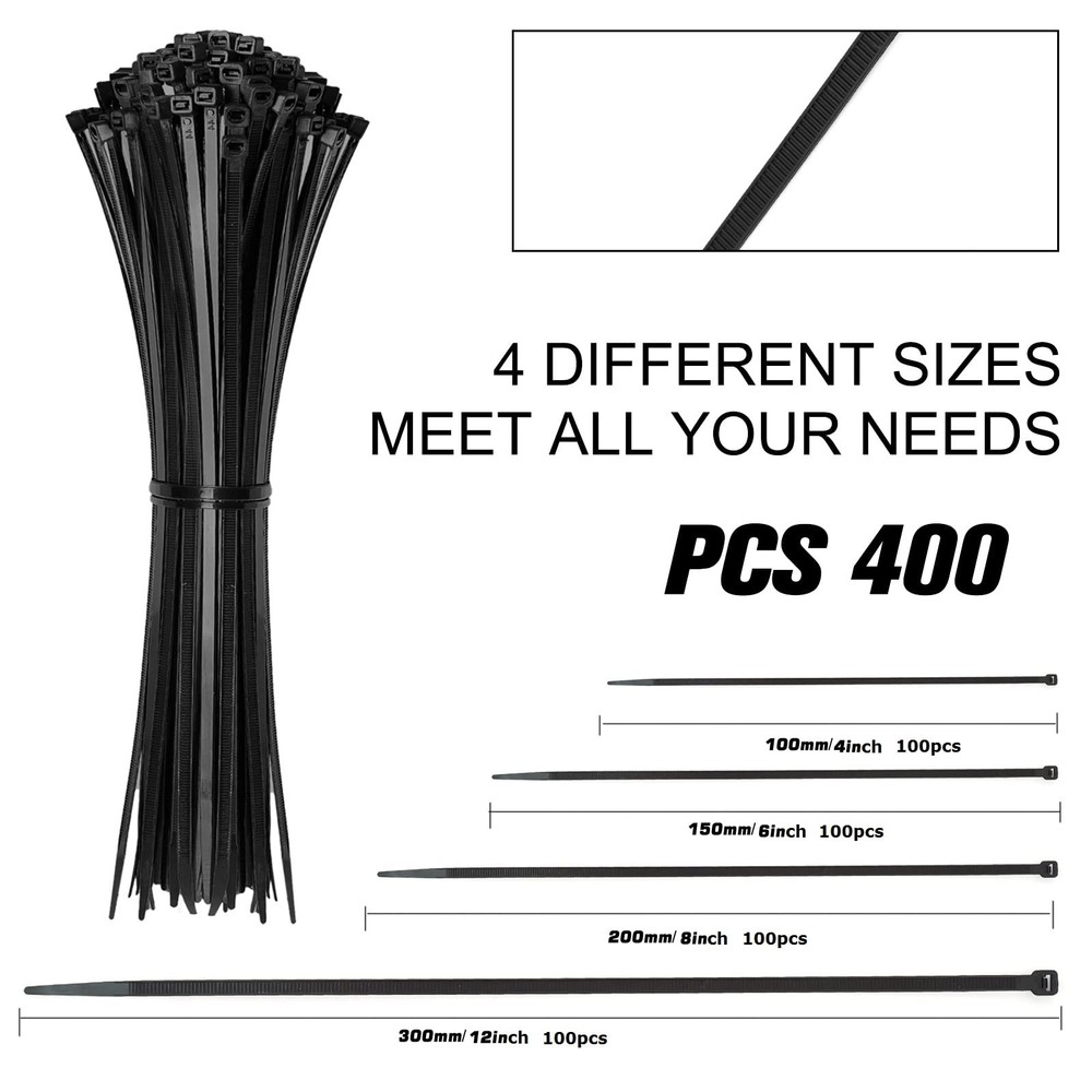 Cable Zip Ties 400 Pack Assorted Sizes 12+8+6+4 Inch Multi-Purpose Self-Locking