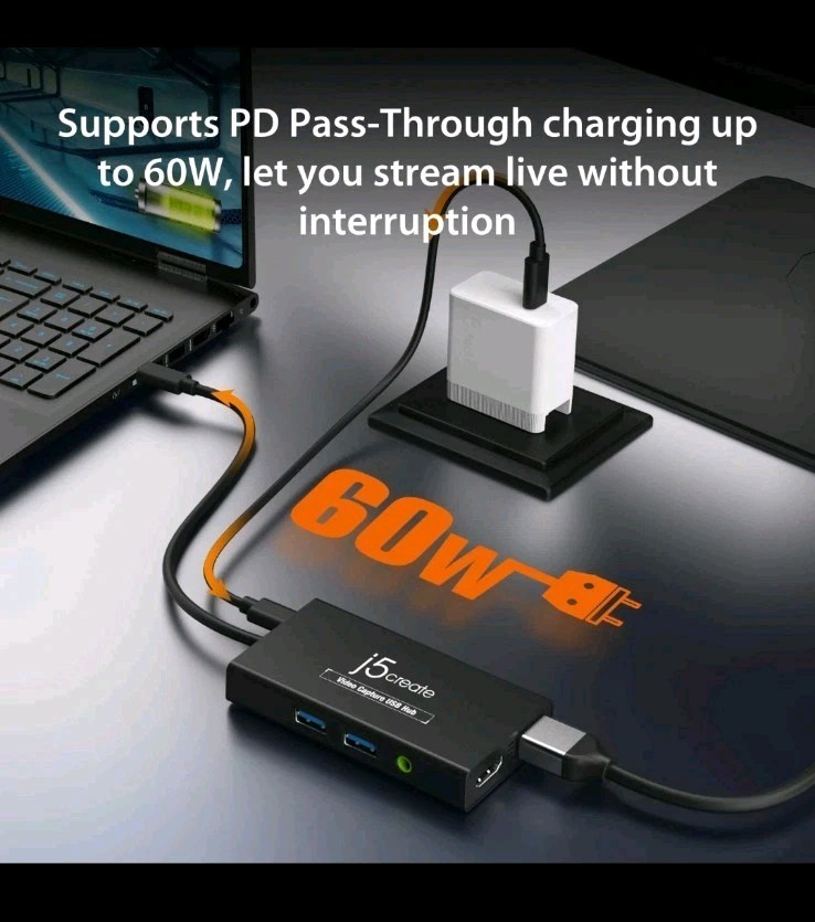 j5create Video Capture Card with PD 60W Pass-Through Charging, Built-in Multi