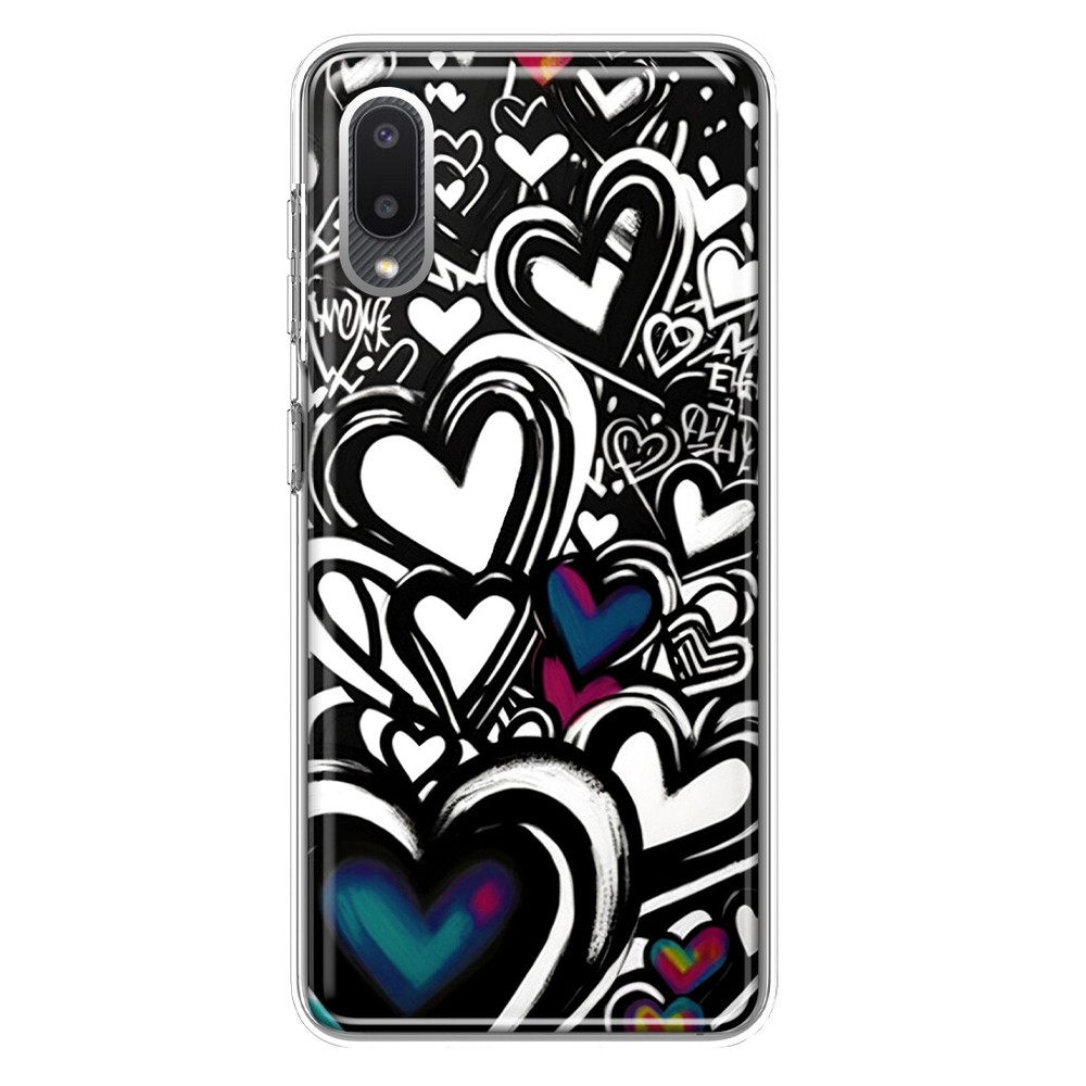 For Samsung Galaxy A02 Shockproof Case Black White Hearts Graffiti