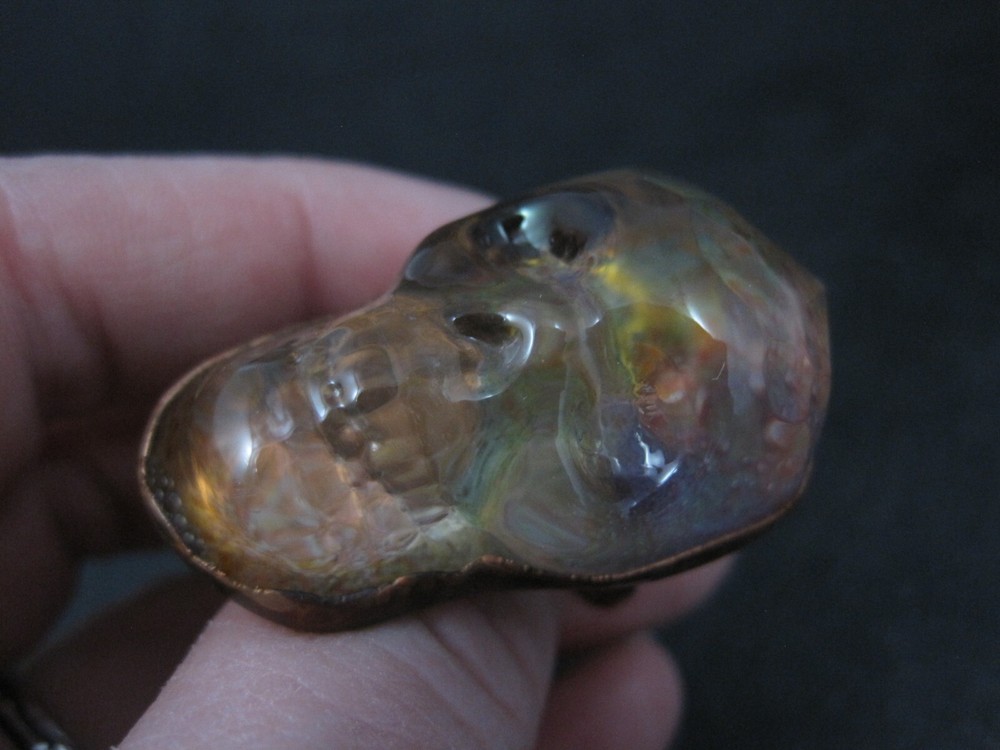 Huge Copper Borosilicate Glass Skull Ring Size 9