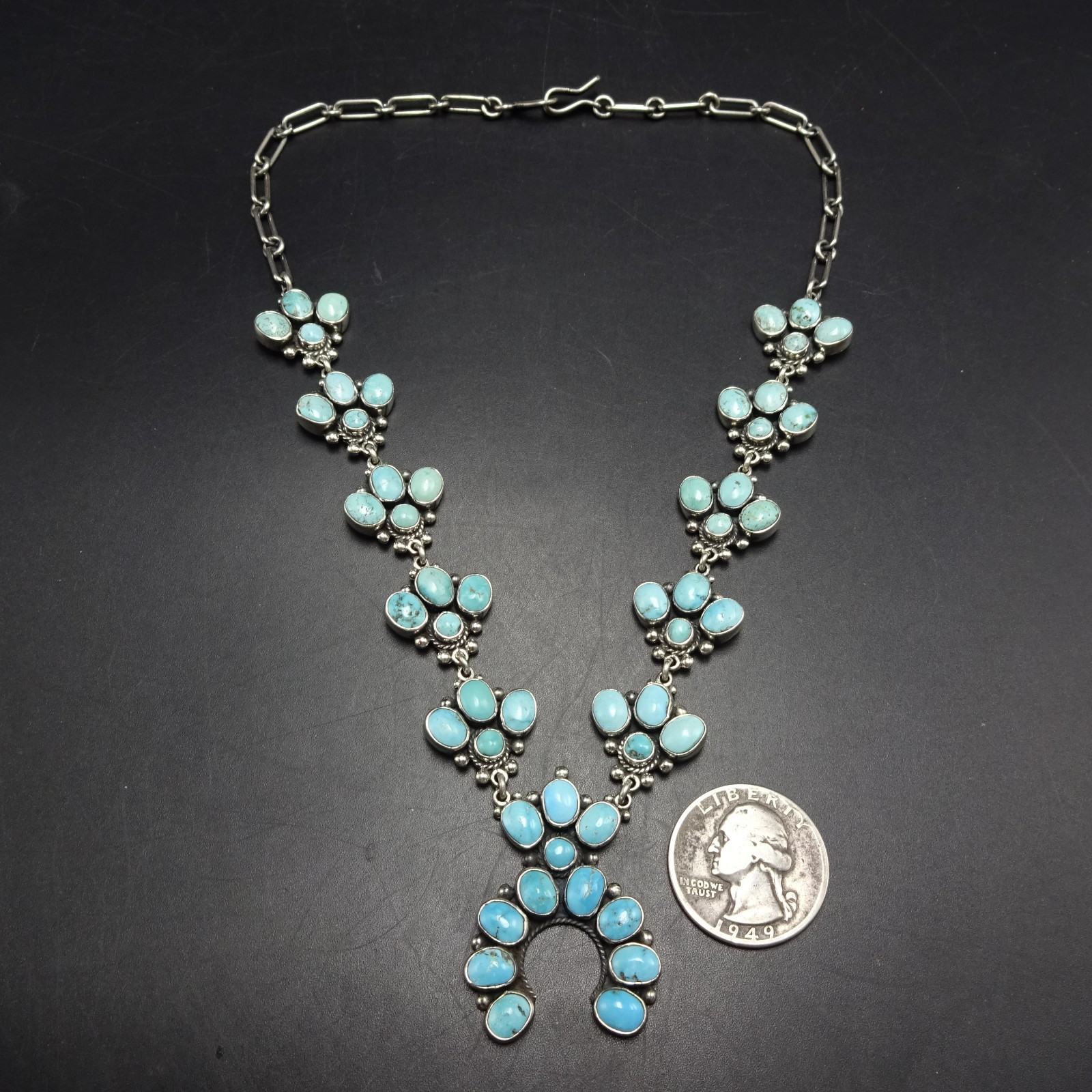 Diminutive FEDERICO JIMENEZ Sterling Silver TURQUOISE CLUSTER Squash Necklace