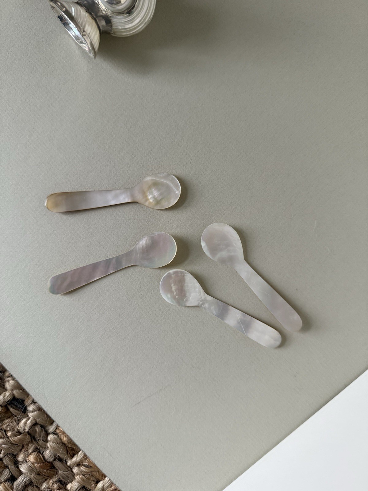 Set of 4 Antique Shell Open Salts with Mother of Pearl Spoons, Sterling Silver