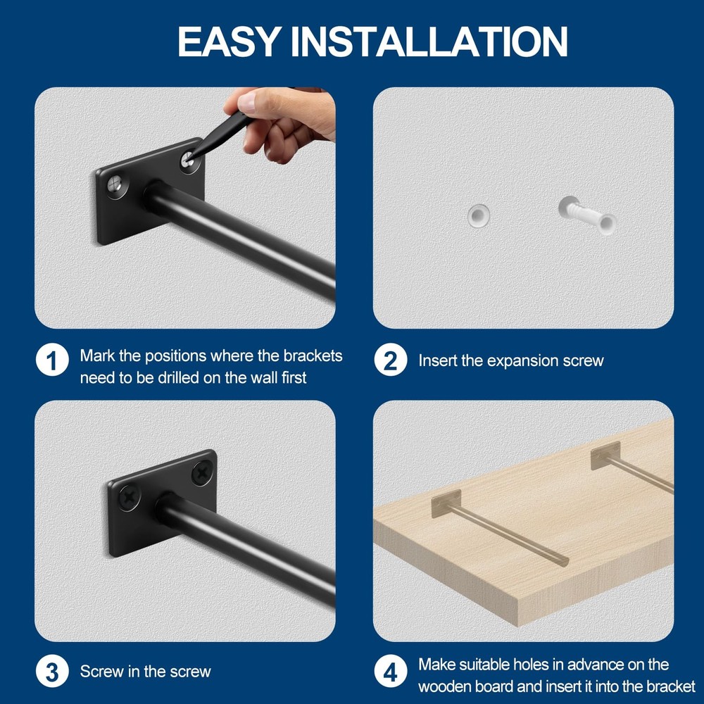 6 Pcs 3 Black Solid Steel Floating Shelf Bracket Blind Shelf Supports - Hidden B