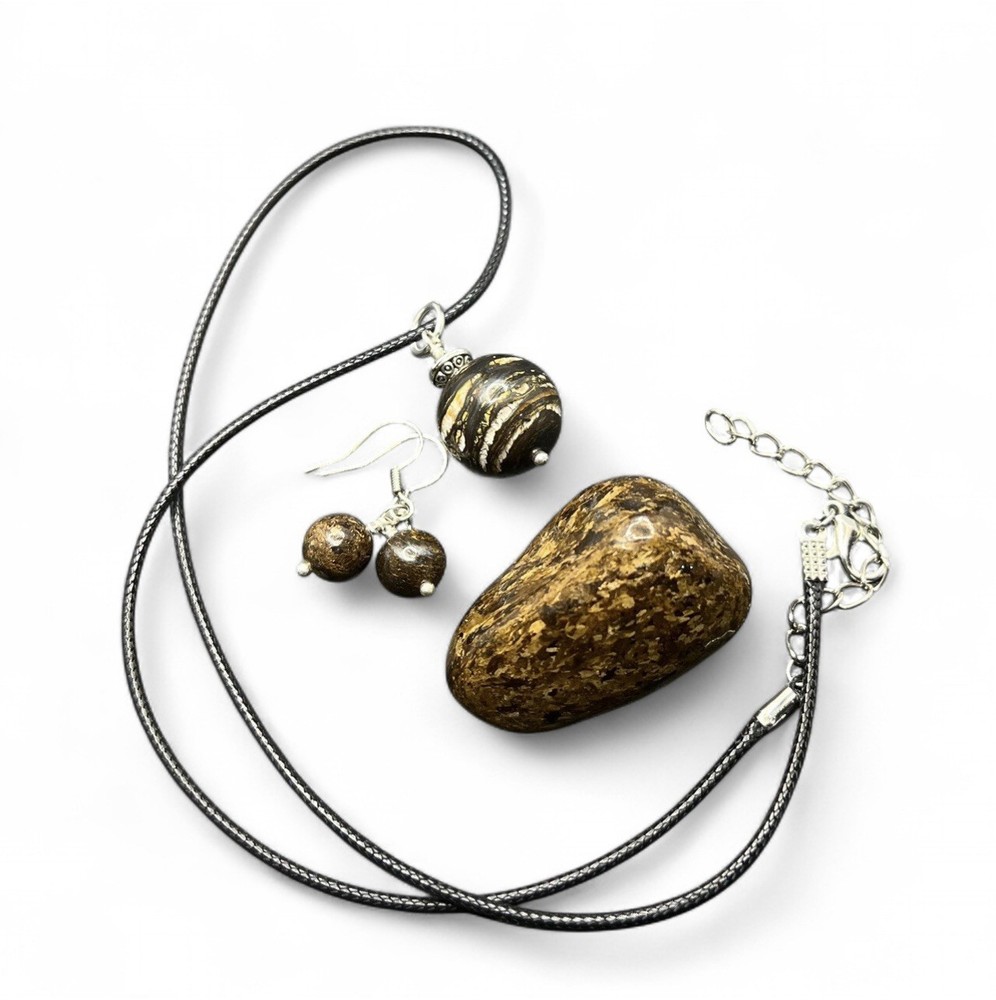 Bronzite Genuine Stone Handmade Necklace, Earrings, & Stone Set