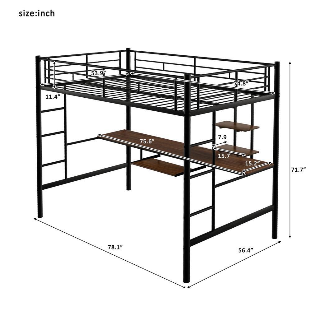Full Size Bed Frame Loft Bed with Desk and Shelf , Space Saving Design Black