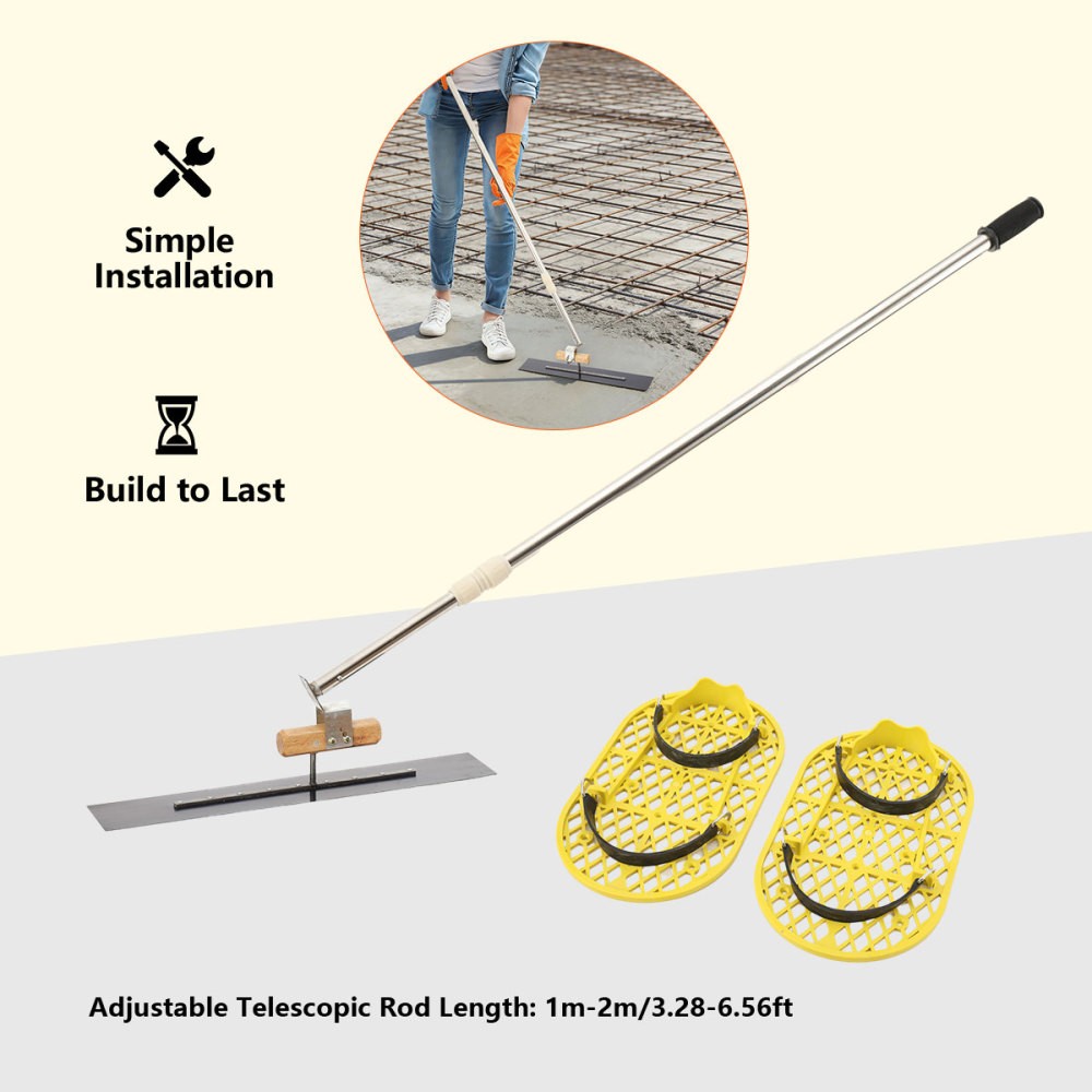 Long Handle Concrete Trowel Cement Surface Smoothing Tool w/ Finishing Shoes NEW