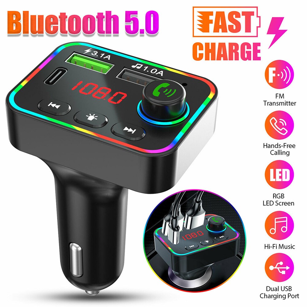 Bluetooth 5.0 Car Wireless FM Transmitter Adapter 2USB PD Charger AUX Hands-Free