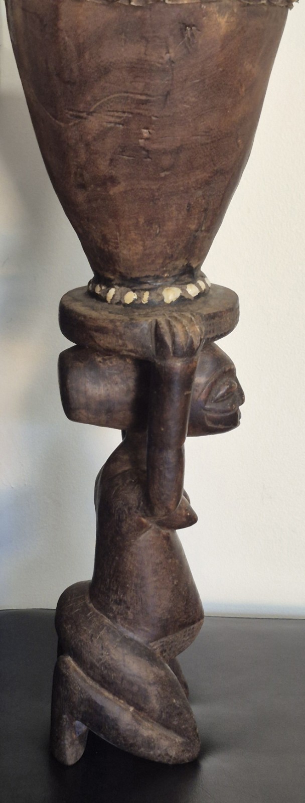 African Luba Female Wood Statue With Drum 21"H 7.5"W
