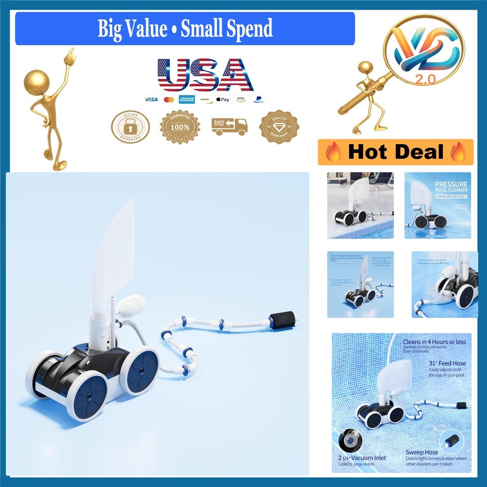 Upgrade Pool Pressure Side Sweeper Four Wheels Hydraulic Pool Cleaner Black &...