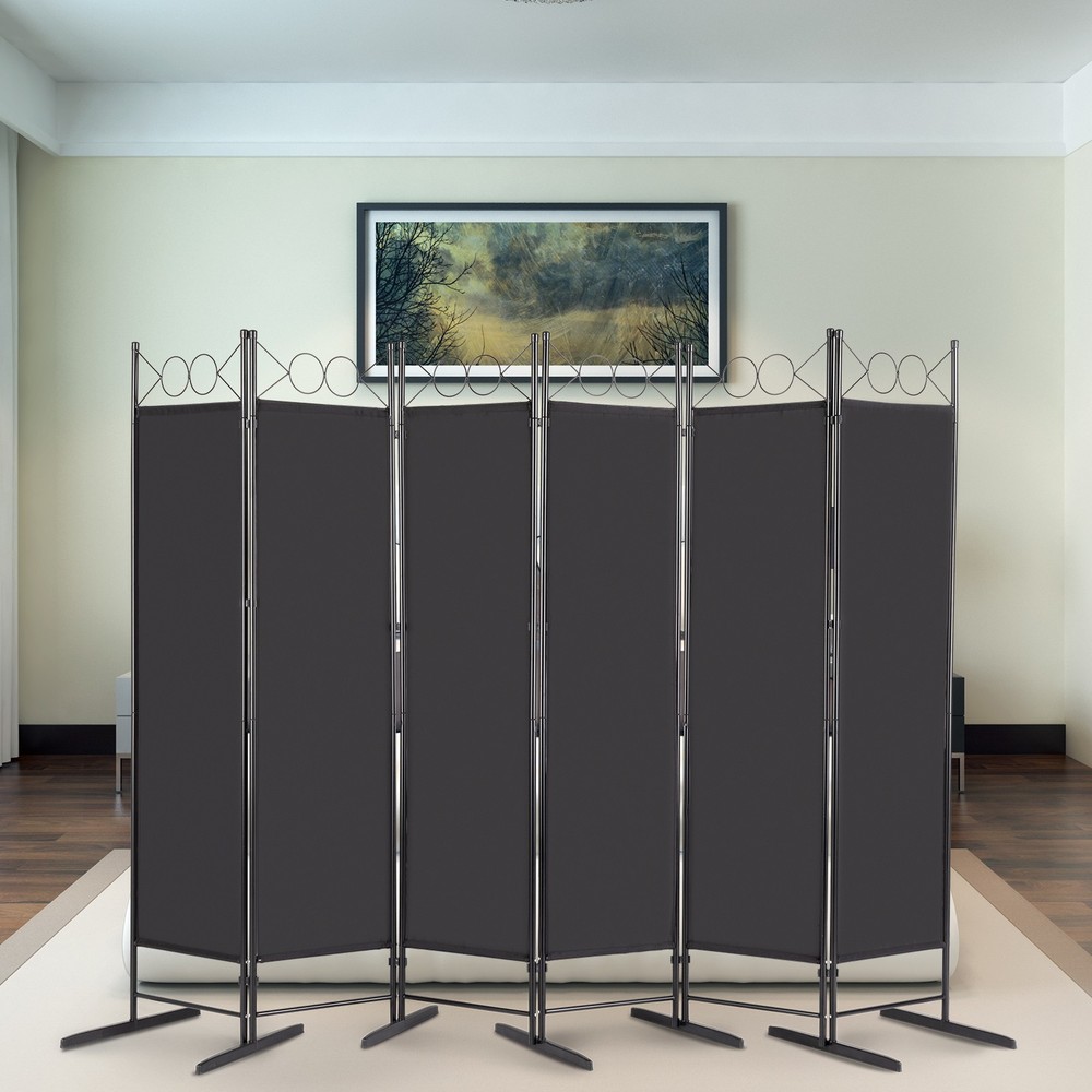 Black 6-FoldPrivacy Screen,Polyester Cloth&Carbon Steel Frame,Foldable Partition