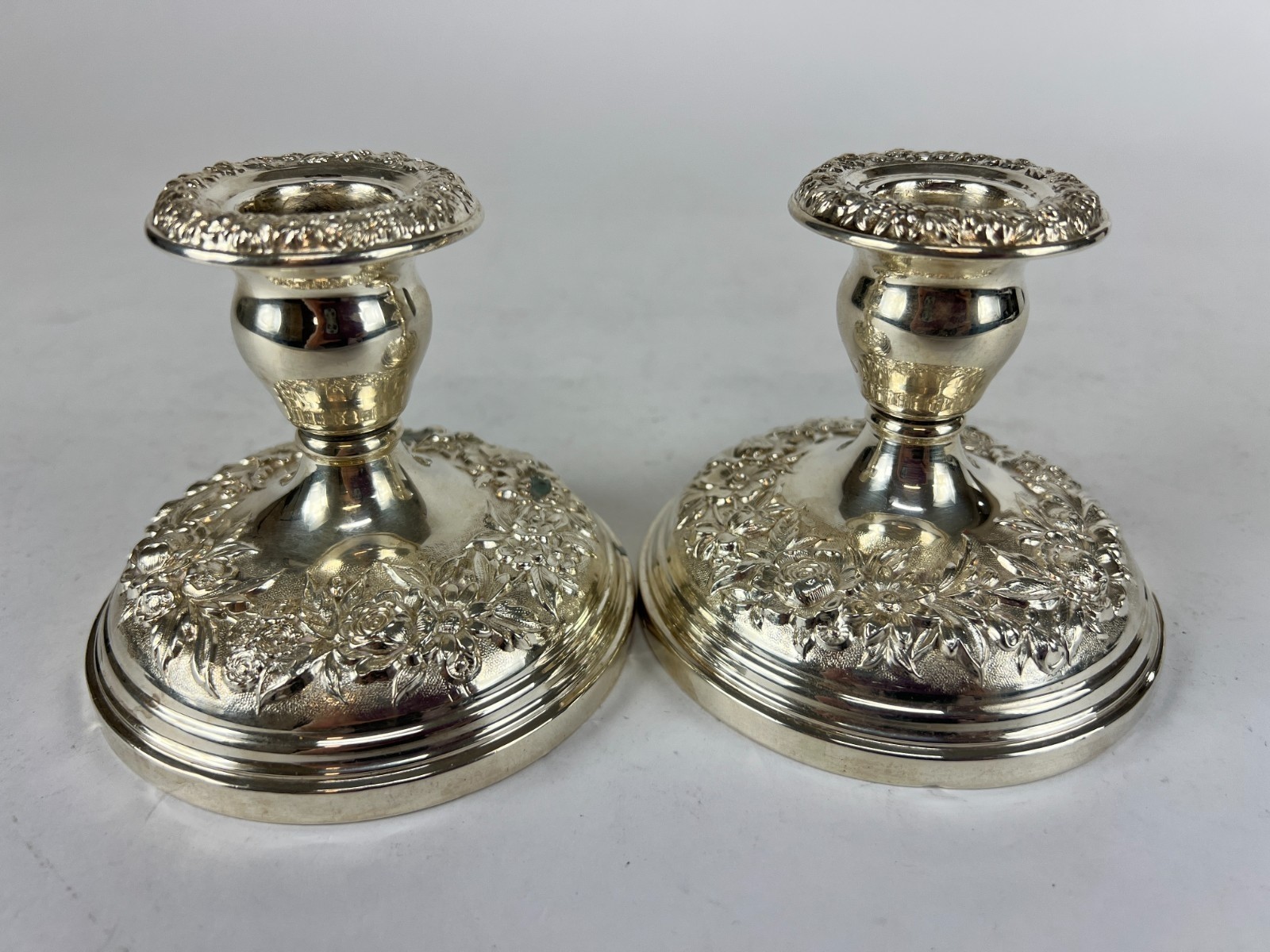 Vintage Sterling Silver S. Kirk & Son Repousse #2 Short Candlesticks - 3.5"