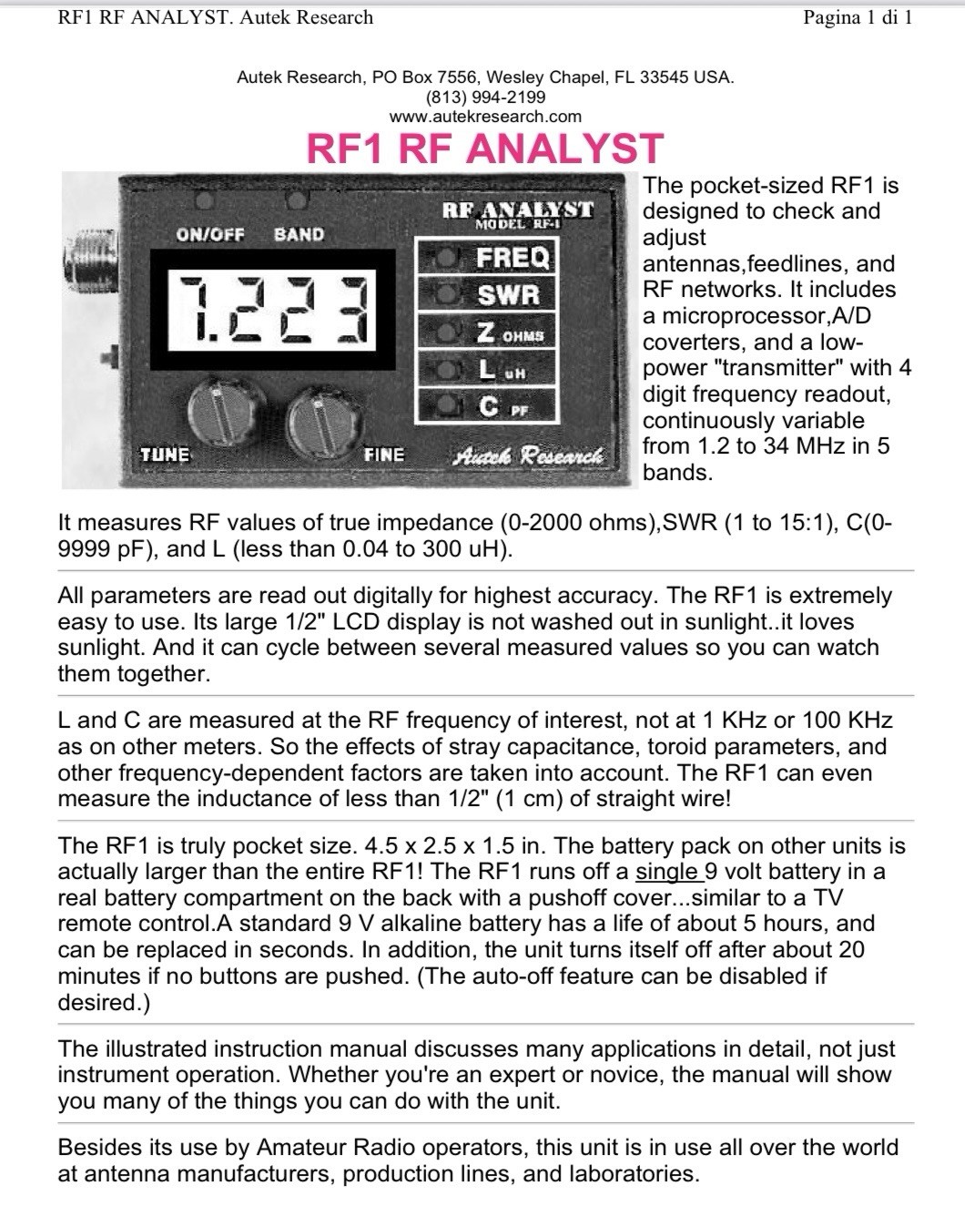 Autek Research RF-1 RF Analyst With accessory kit Works Fine