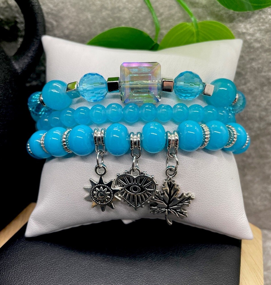 3 PC Handmade Boho  Beaded Stackable 6.5” Plus Stretch Bracelet Set New B1329