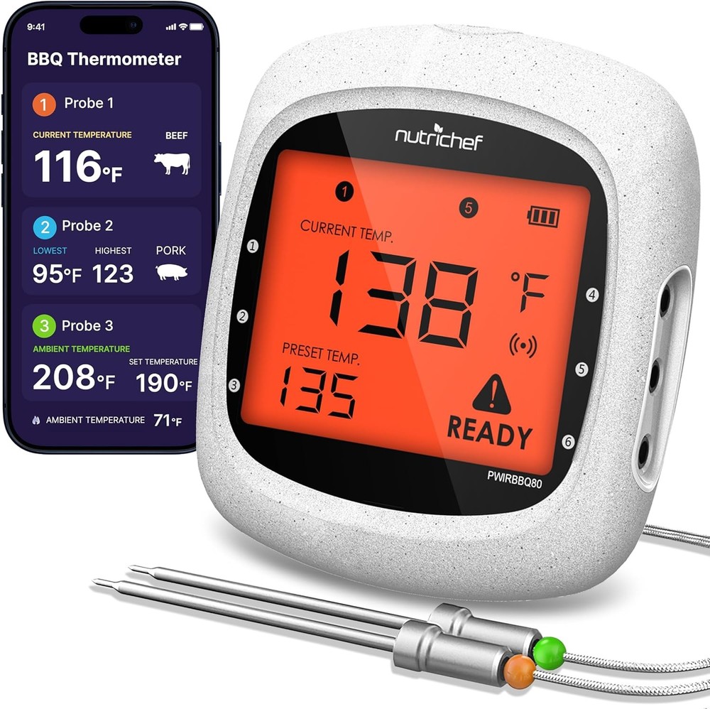 NutriChef Bluetooth Wireless Meat Thermometer for Grilling & Smoking (Open Box)