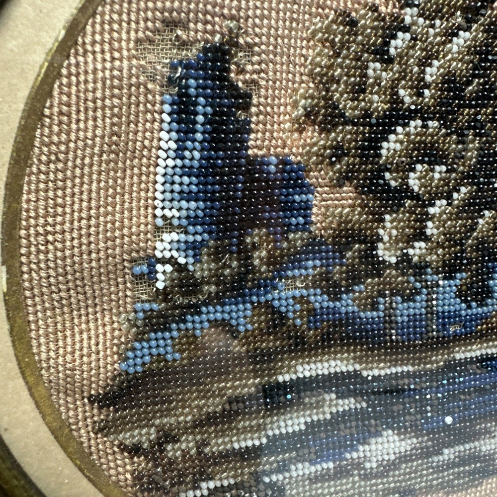 Vtg Beaded Embroidery Art Framed Oval