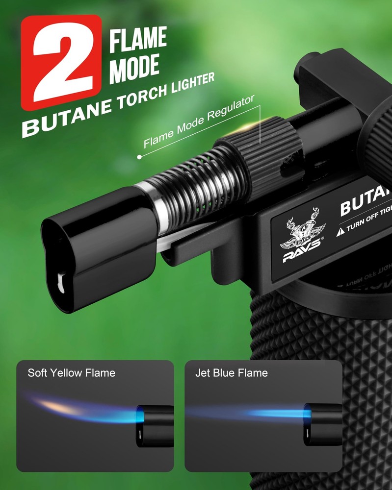 RAVS Butane Torch Lighter, DUAL Flame Mode Kitchen with Black/Red