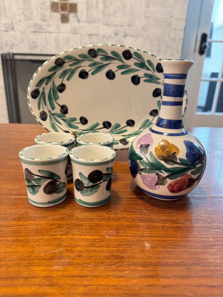 Olive Branch Mediterranean Pattern Small Platter-Cups-Bottle Handmade Pottery