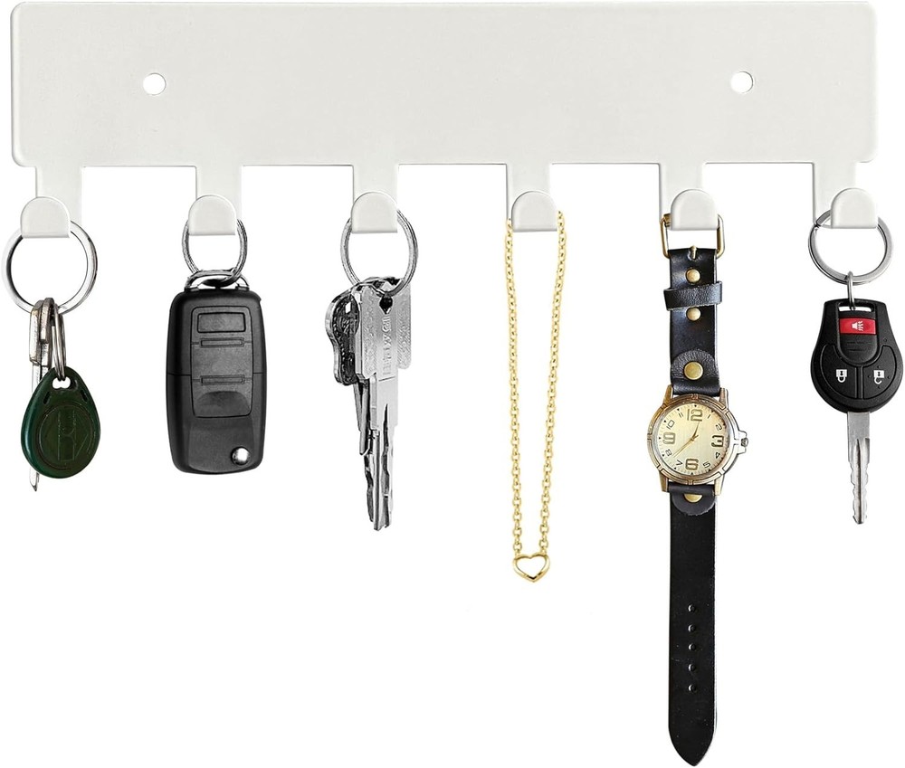 Wall Key Holder with 6 Hooks White Wall Mounted Key Rack Rust Resistant Pract...