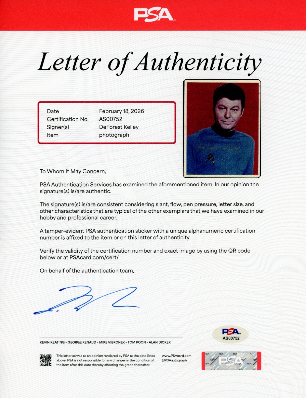 Deforest Kelley ~ Signed Autographed Star Trek Photo ~ PSA DNA