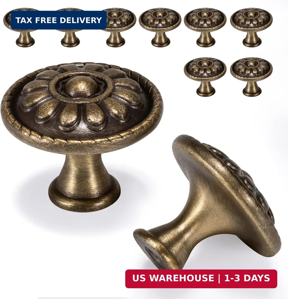10 Pack Antique Brass Cabinet Knobs, Vintage Retro Drawer Knobs, Solid Round Dre