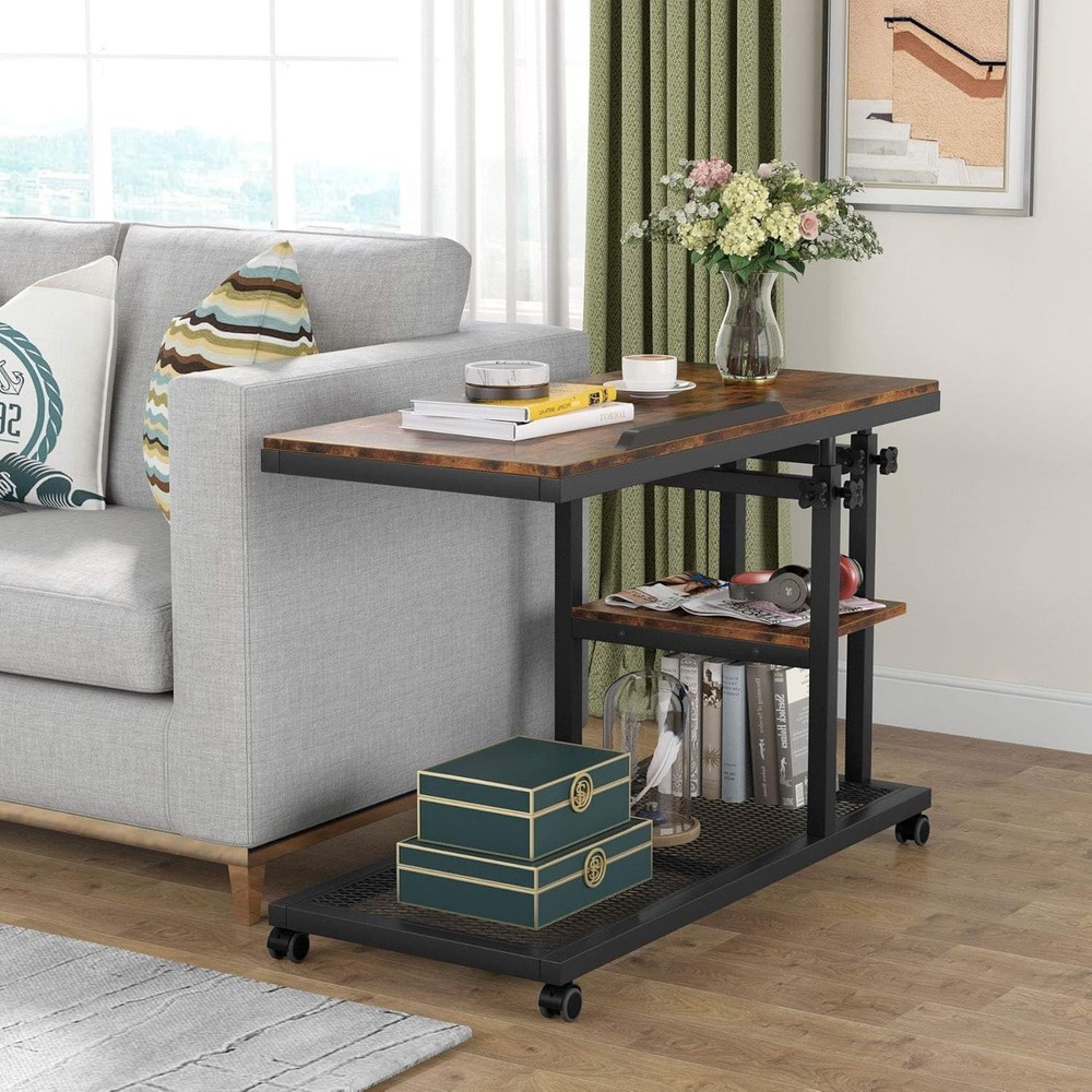 Height Adjustable C Table W/ Wheels Mobile Couch Snack Side Table W/ Tiltable