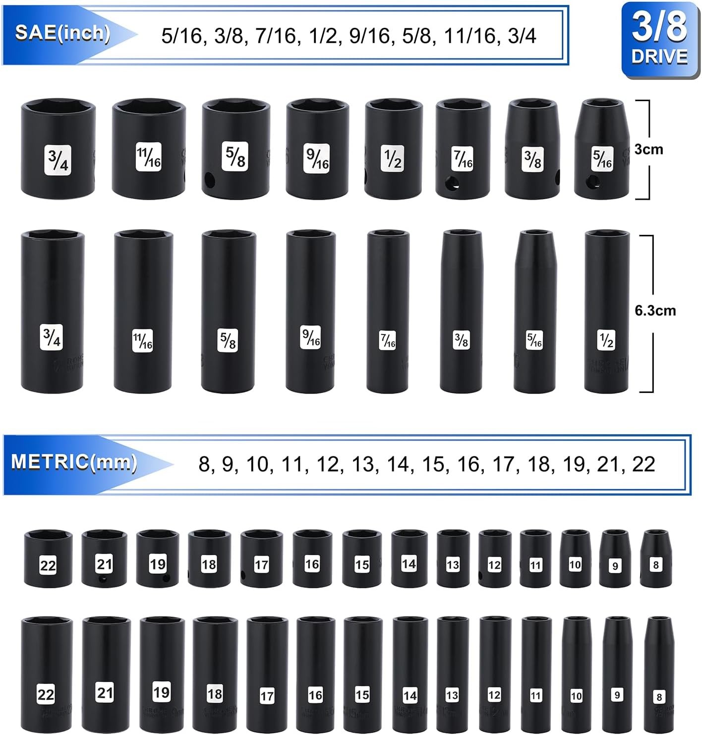 3/8” Drive Impact Socket Set 50PCS Standard SAE(5/16”-3/4”)& Metric Size(8-22mm)