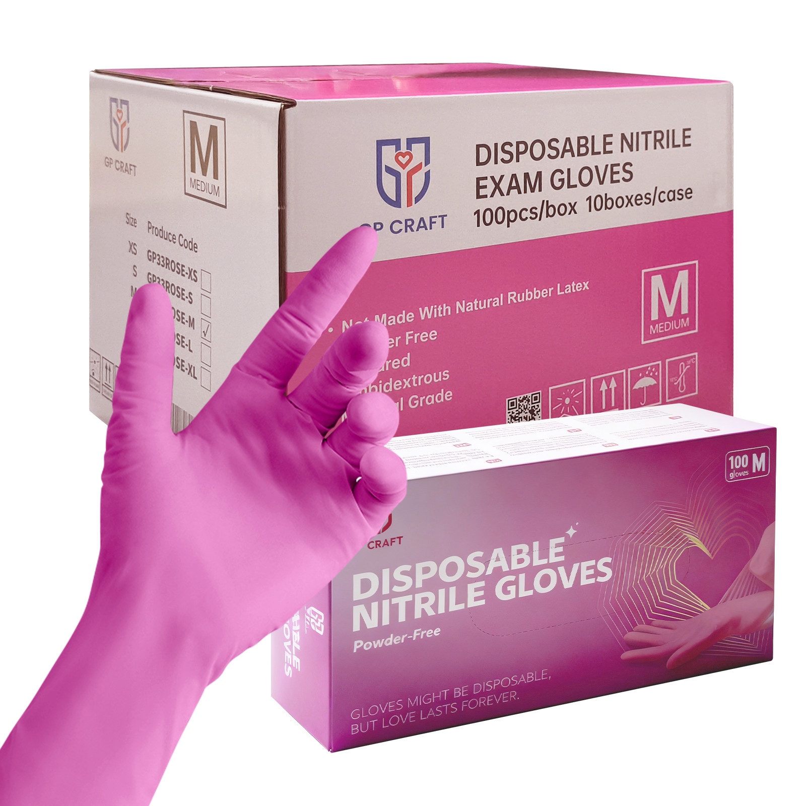100Pcs Nitrile Exam Disposable Rose red Gloves, Latex & Powder Free