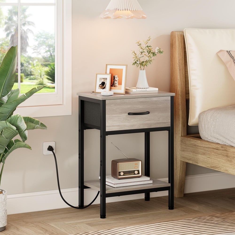 Nightstand with Charging Station, End Table with Fabric Drawer, Small Side Ta...