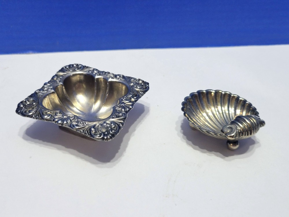 Antique Silverplated Salt Cellars Square and Shell Shaped Pair