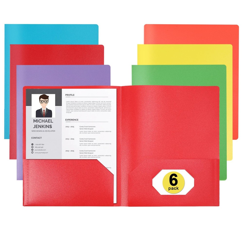 6 Pack 2 Pocket File Folders Documents Resume Portfolio Homework Paper Folder