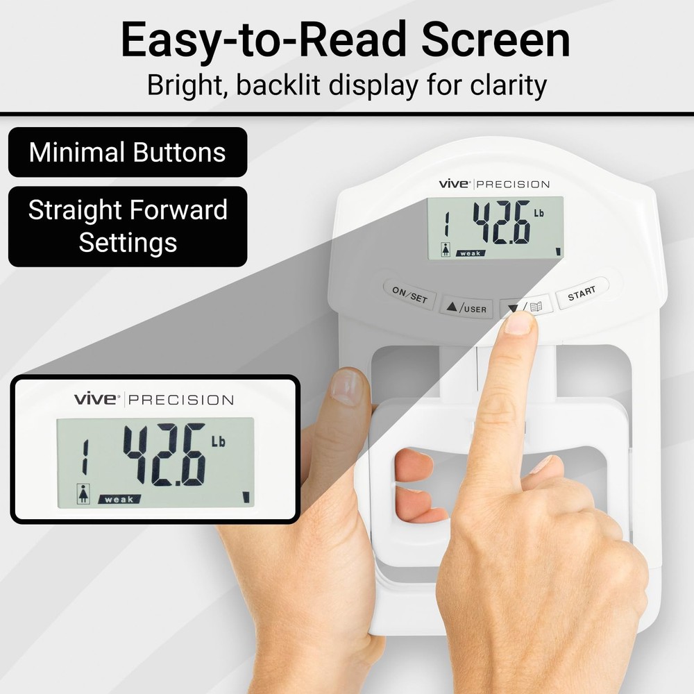 Vive Precision Grip Strength Tester - Hand Dynamometer - Handheld White