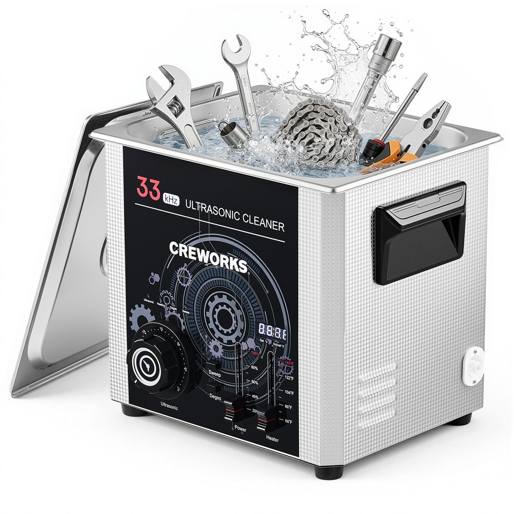 CREWORKS 33kHz 10L Ultrasonic Cleaner with Degas Gentle Modes Adjustable Timer