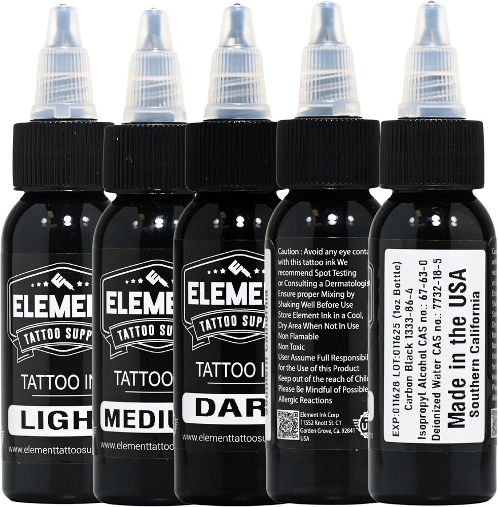 Greywash Tattoo Ink Set Light Medium Dark Blend Nighthawk Black Element White...