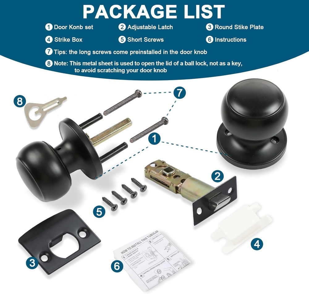 RAZCC 4-Pack Matte Black Passage Door Knobs, Interior Round Handles for Hallway/