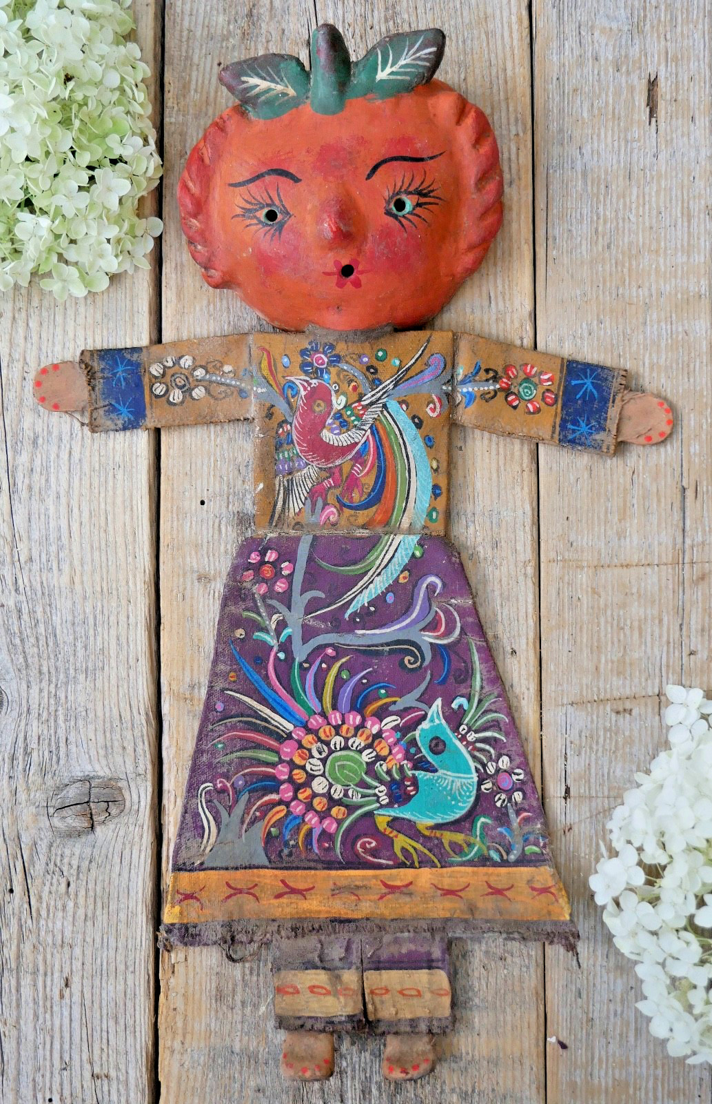 Fruit Girl Canvas Body Coconut Head Distressed Handmade Guerrero Mexico Folk Art