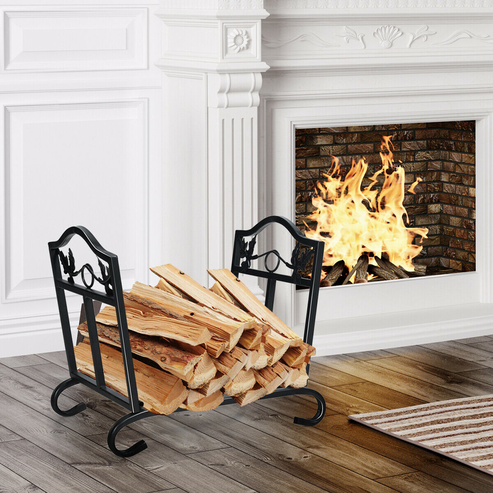 Foldable Firewood Log Rack Steel Wood Storage Holder for Fireplace Black