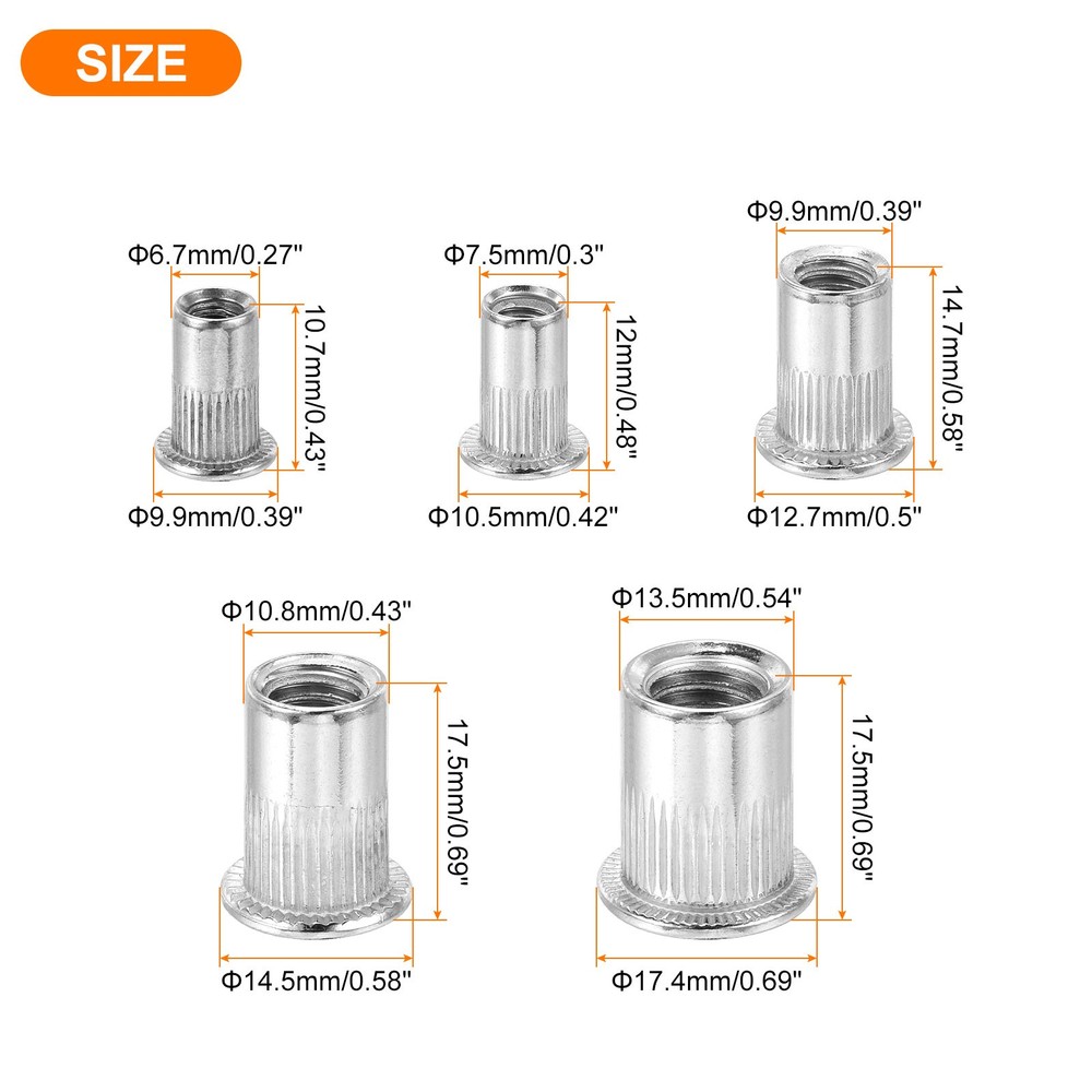85Pcs Rivet Nut Flat Head, #8, #10, 1/4", 5/16", 3/8"