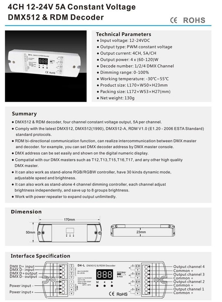 4CH 5A/CH Constant Voltage DMX512 & RDM Decoder RGBW Controller 4 Channel Dim...
