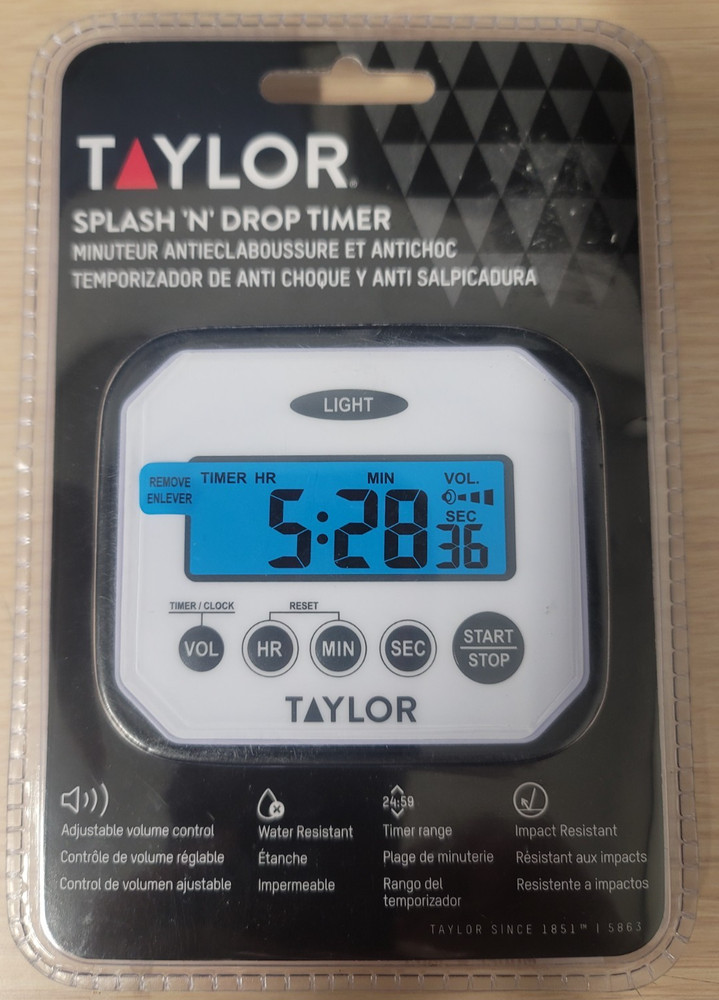 Taylor Splash and Drop Kitchen Timer, White, 3" x 1" x 3.5" - 5863
