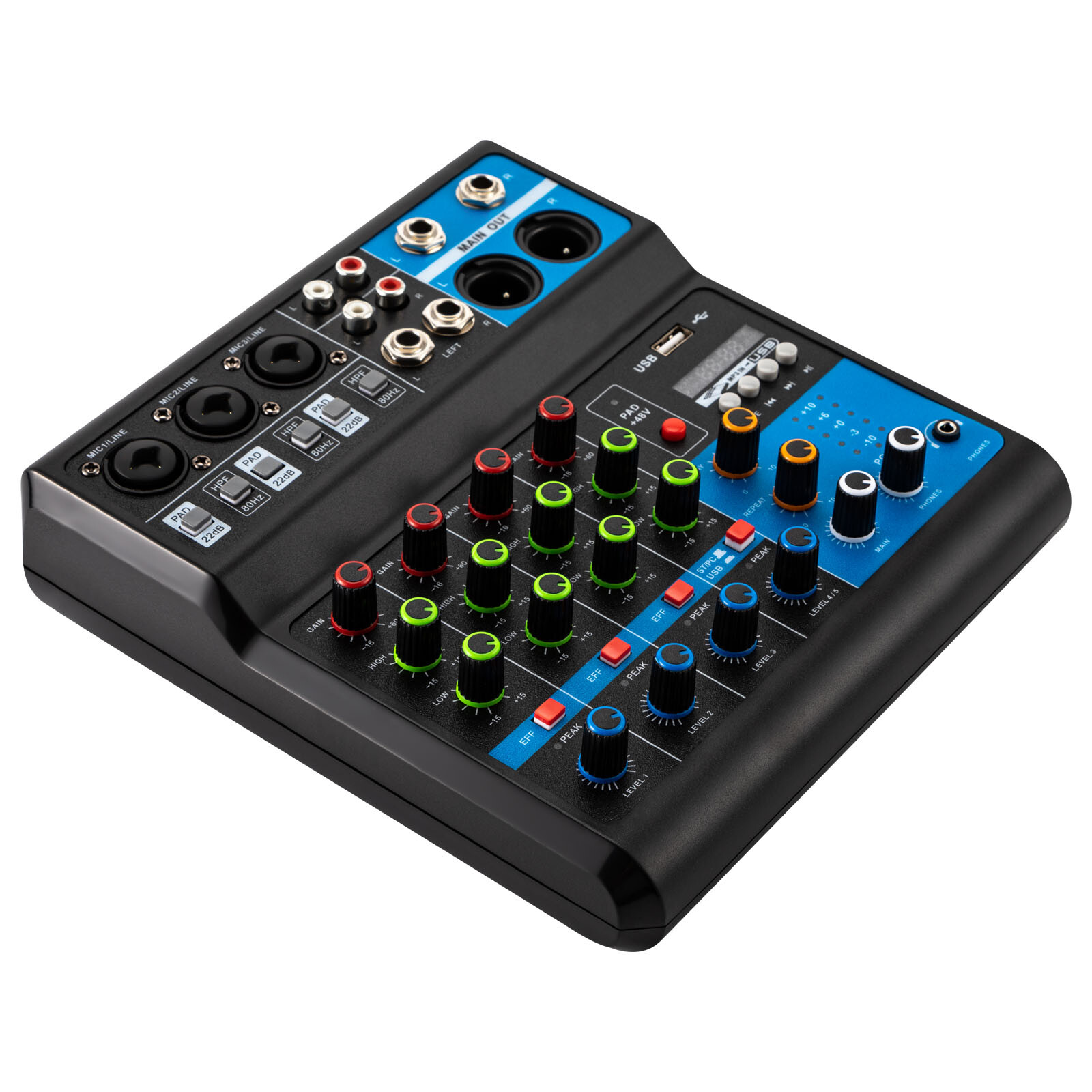 5-Channel Mixer with Bluetooth, USB, and Reverb for Live Audio Mixing