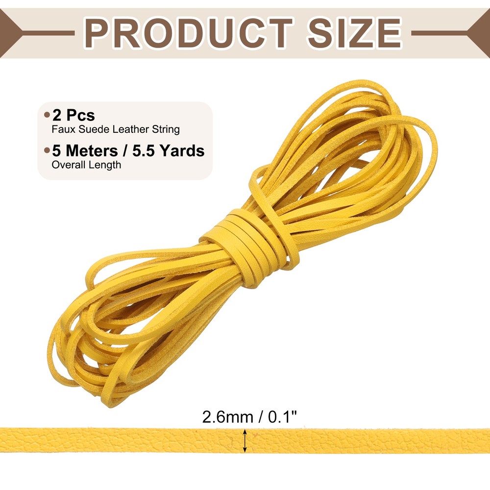 2 Pcs Flat Suede Leather Cord, 5.5 Yards 2.6mm Craft Braid String, Yellow