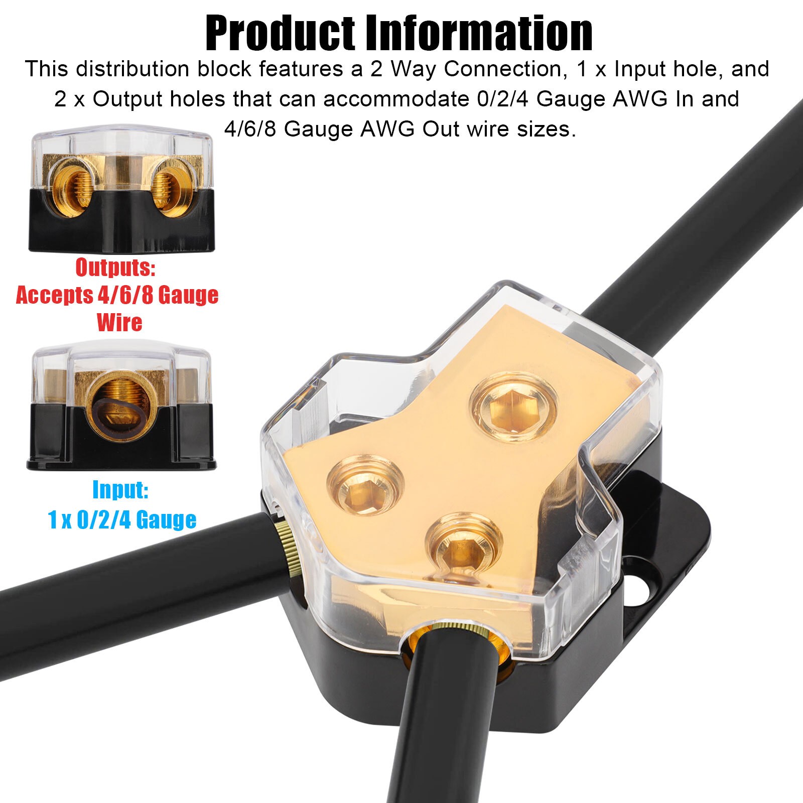 2Pcs Car Audio Splitter Amp Distribution Power 0/2/4 Gauge In 4/ 6/ 8 Gauge Out