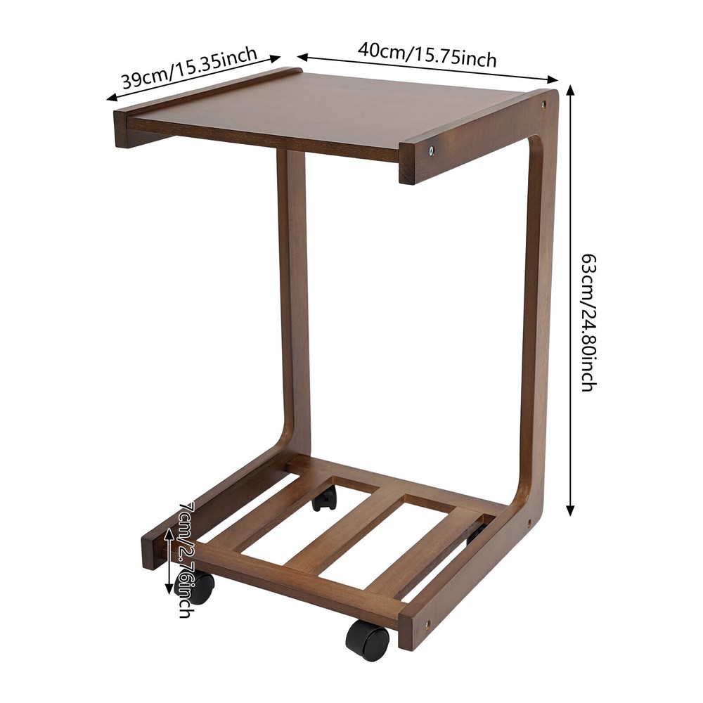 C-shaped End Table W/ Universal Wheels Walnut-colored Freestand Small Side Table