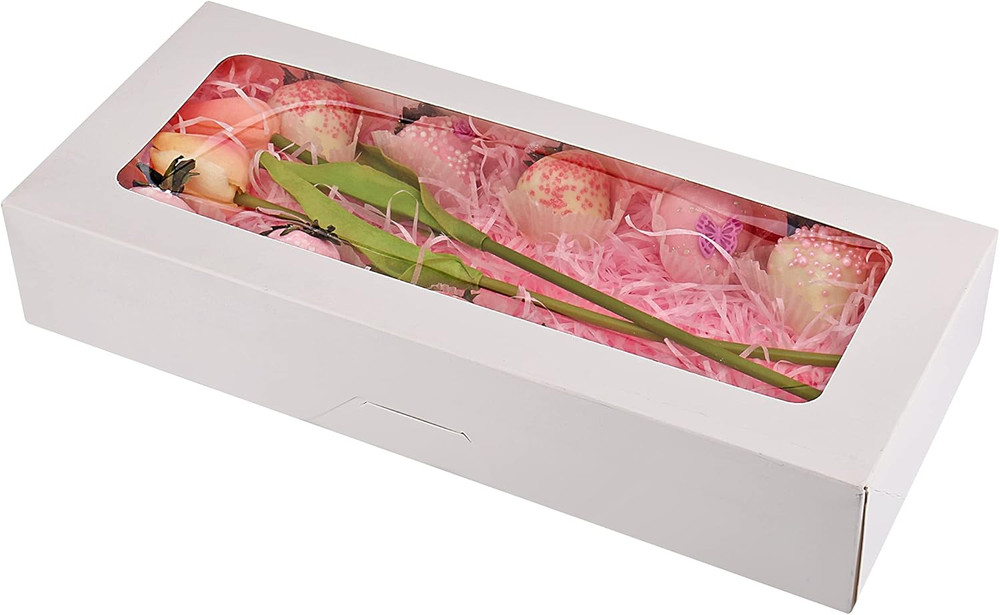 24-Pack 14" X 6" X 2.5" Cookie Boxes, Bakery Boxes with Window, Strawberry Boxes