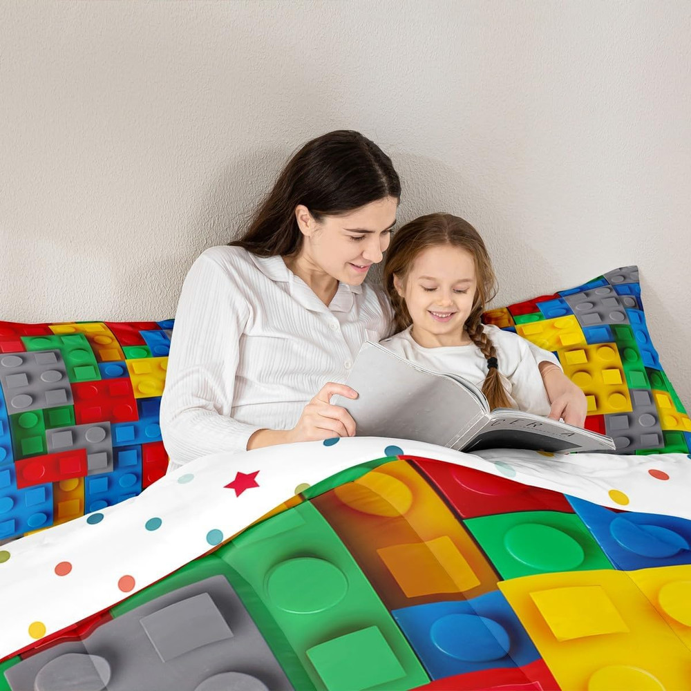 Construction Queen Comforter Set Colorful Bedding Set 3D Building Blocks Quilt,K