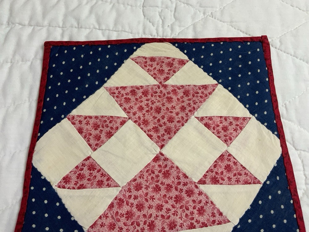 Antique Vintage Patchwork Quilt Table Topper, Four Patch W/ Triangles, Pink Navy