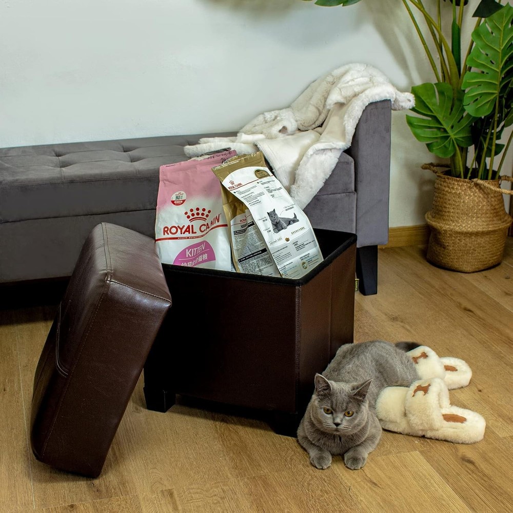 Storage Stool Cube Folding Footstool PU Leather Strap Legs Long Bench, Brown