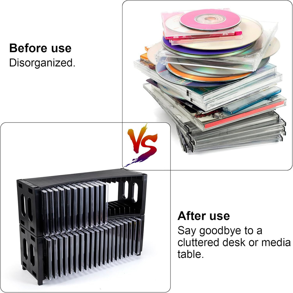 Alavisxf Stackable CD Storage Rack 2 Pack ABS Organizer Holds 40 Slim CD Cases