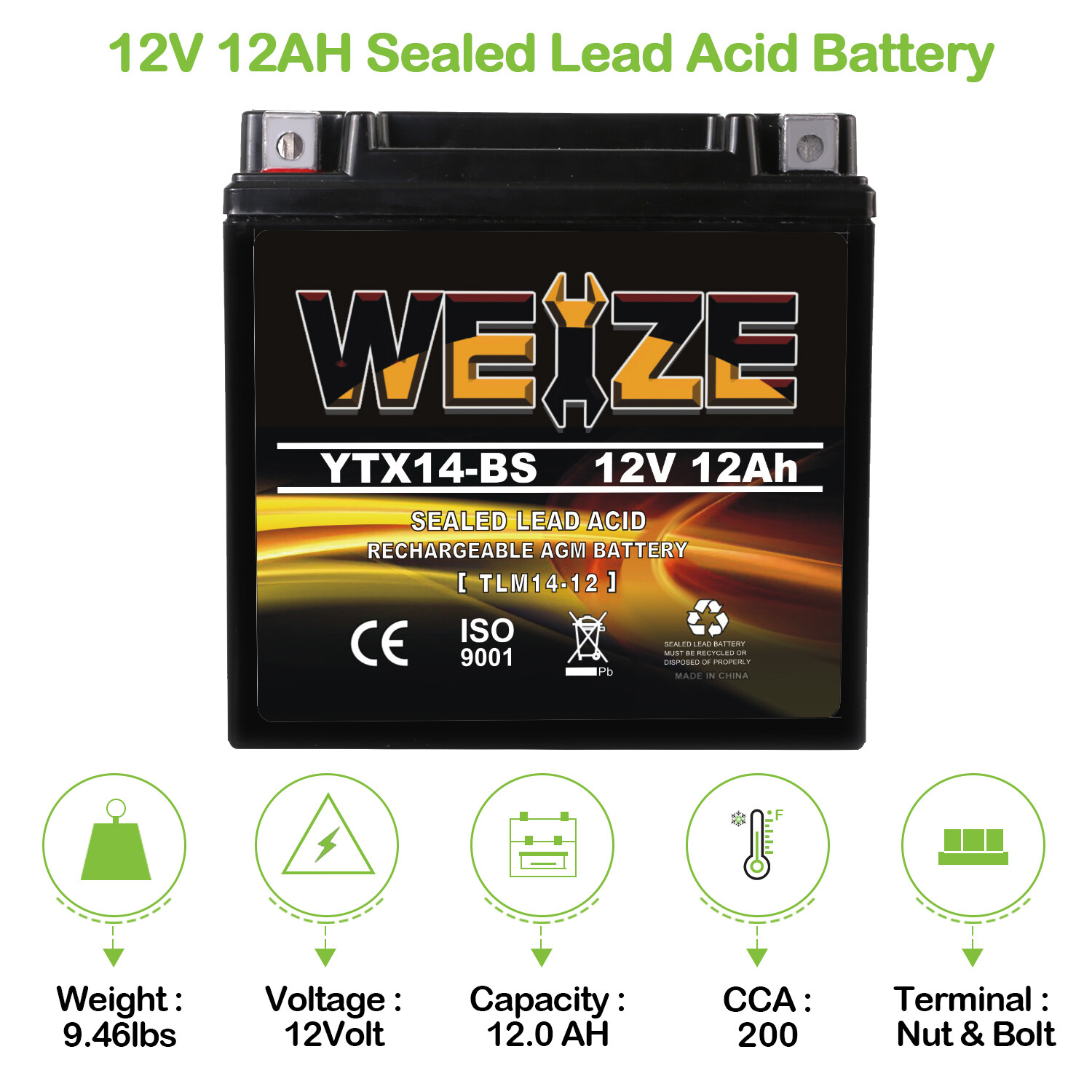 Weize YTX14-BS ATV Battery High Performance - Maintenance Free - Sealed ETX14 BS